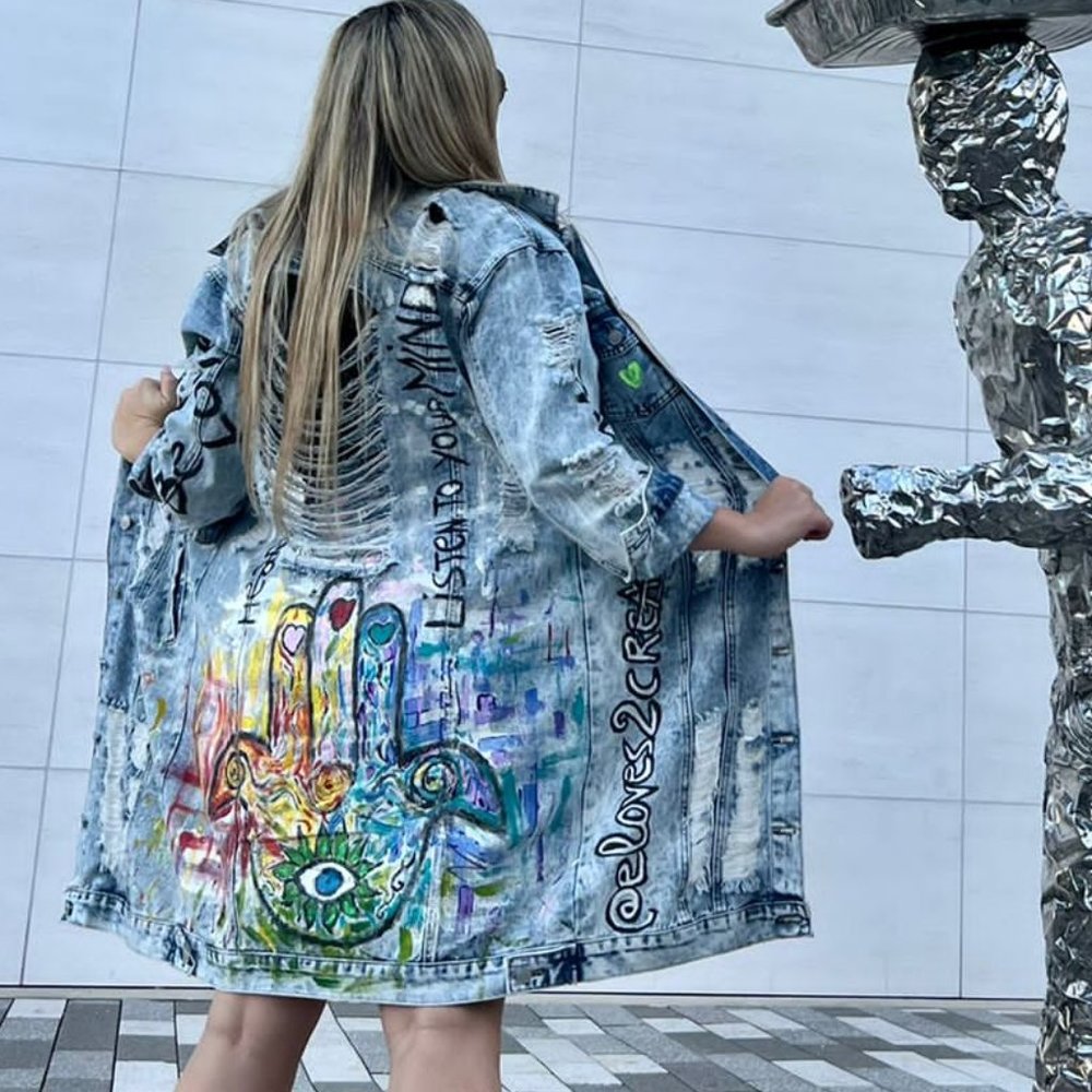 Listen to your mind - hamza - long jacket hand painted - vintage - unique